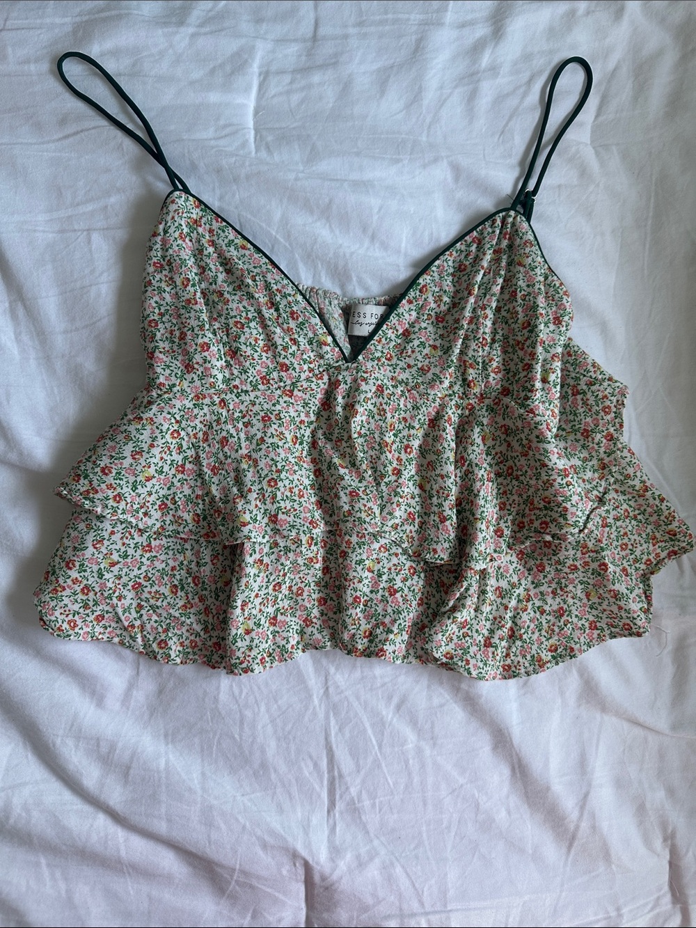 Dress Forum Cream Floral Ruffle Cami with Green Trim